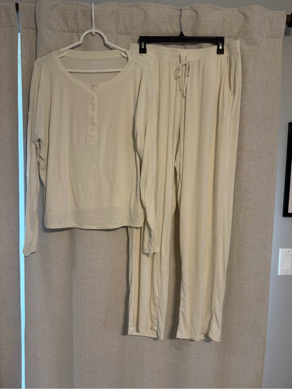 Cozy Women's Cream Long-Sleeve Henley Drawstring Pajama Set
